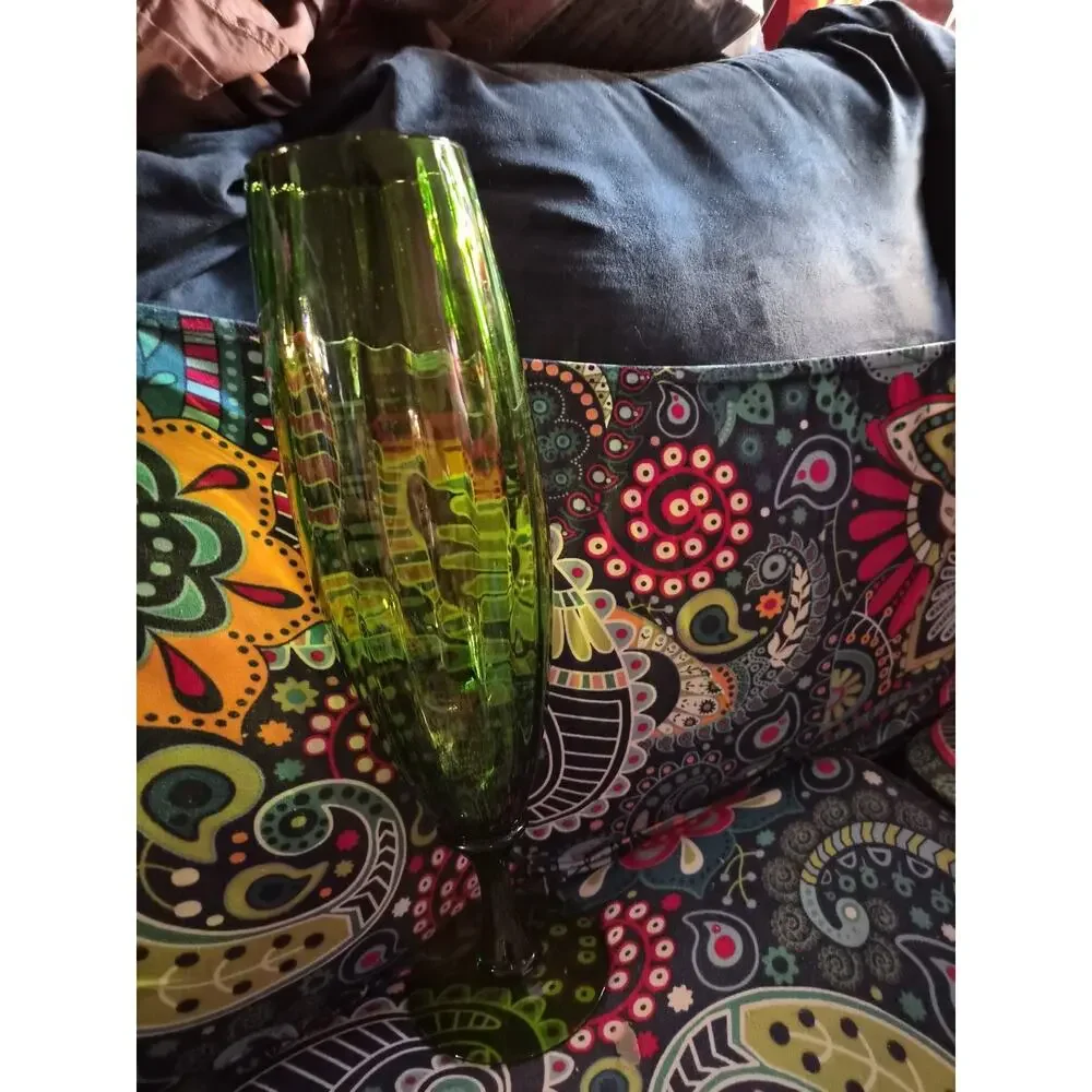 Mid Century Vintage Empoli Italy 16.5 Olive Green Optic Glass Pedestal Vase